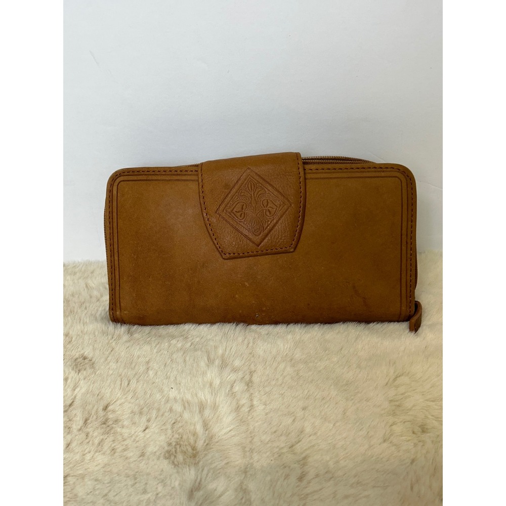 Unbranded Cognac Brown Genuine Leather Zip‎ Around Organizer Wallet Embossed